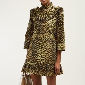 Ganni Leopard-print Cotton Mini Dress Size 6